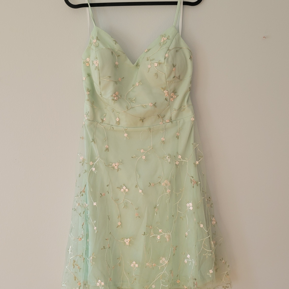 SHEIN Mint Green Floral Embroidered Mini Dress